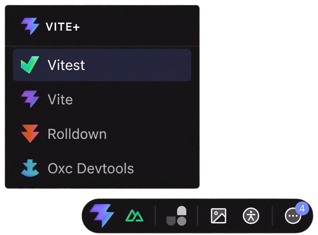 Vite DevTools dock at the bottom of the page, with its Vite+ menu open listing Vitest, Vite, Rolldown and Oxc Devtools